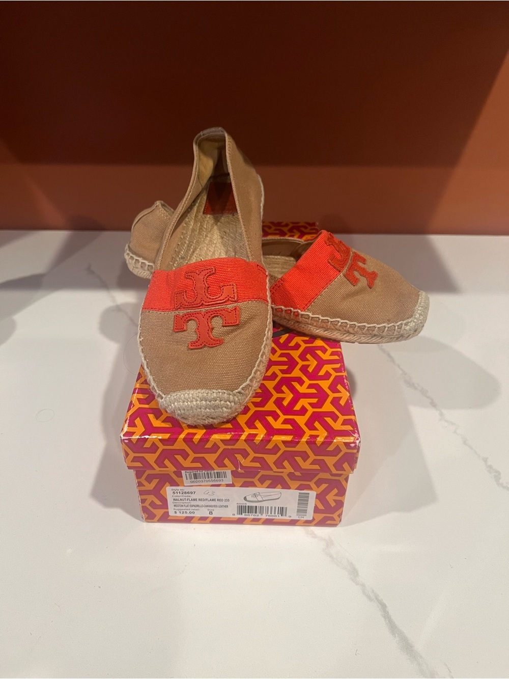 Tory Burch Tan Canvas Espadrille Flats with Coral Logo Band